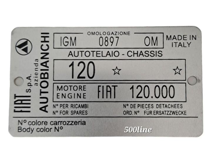 Targhetta identificativa alluminio Fiat 500 Autobianchi  Giardiniera