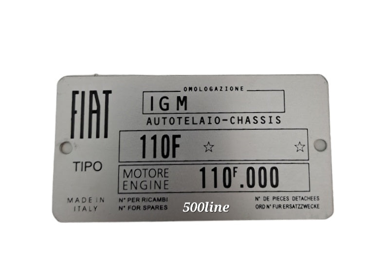 High quality vintage Fiat 500 L aluminum identification plate