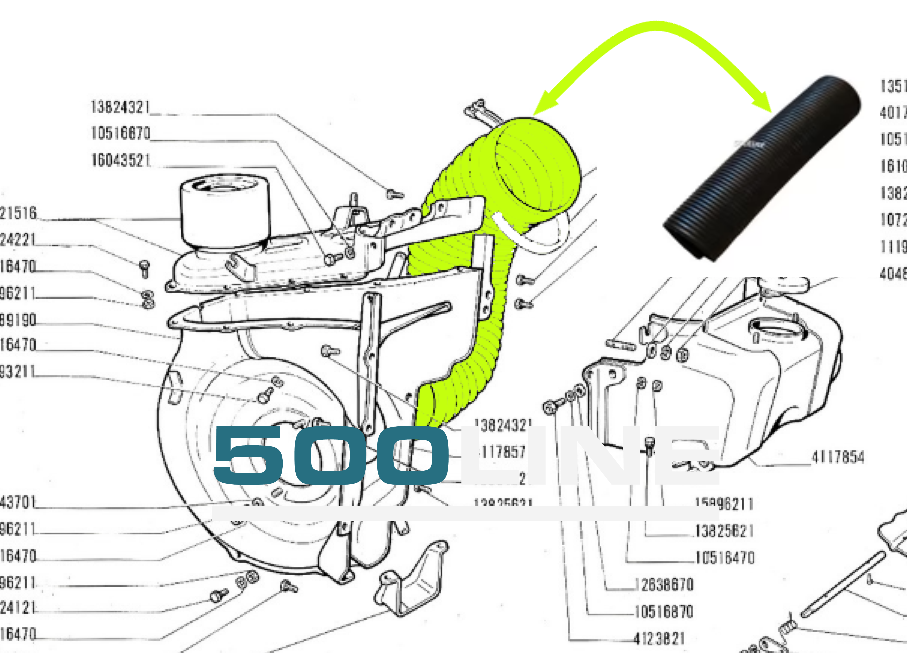 Engine cooling air pipe frame with original Fiat 500 NDFLR type ferretti