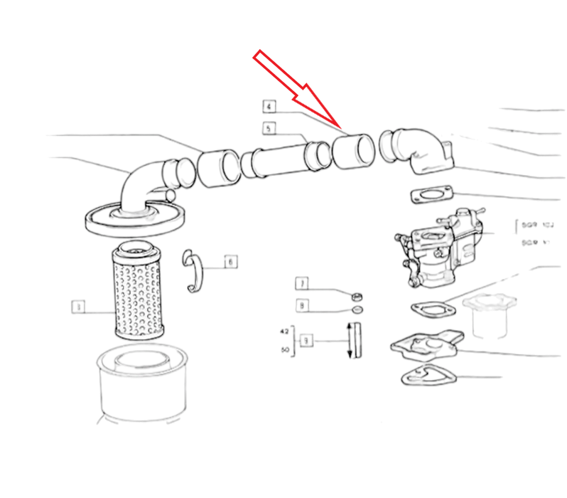 Flared air filter hose to the vintage Fiat 500 DFL carburettor